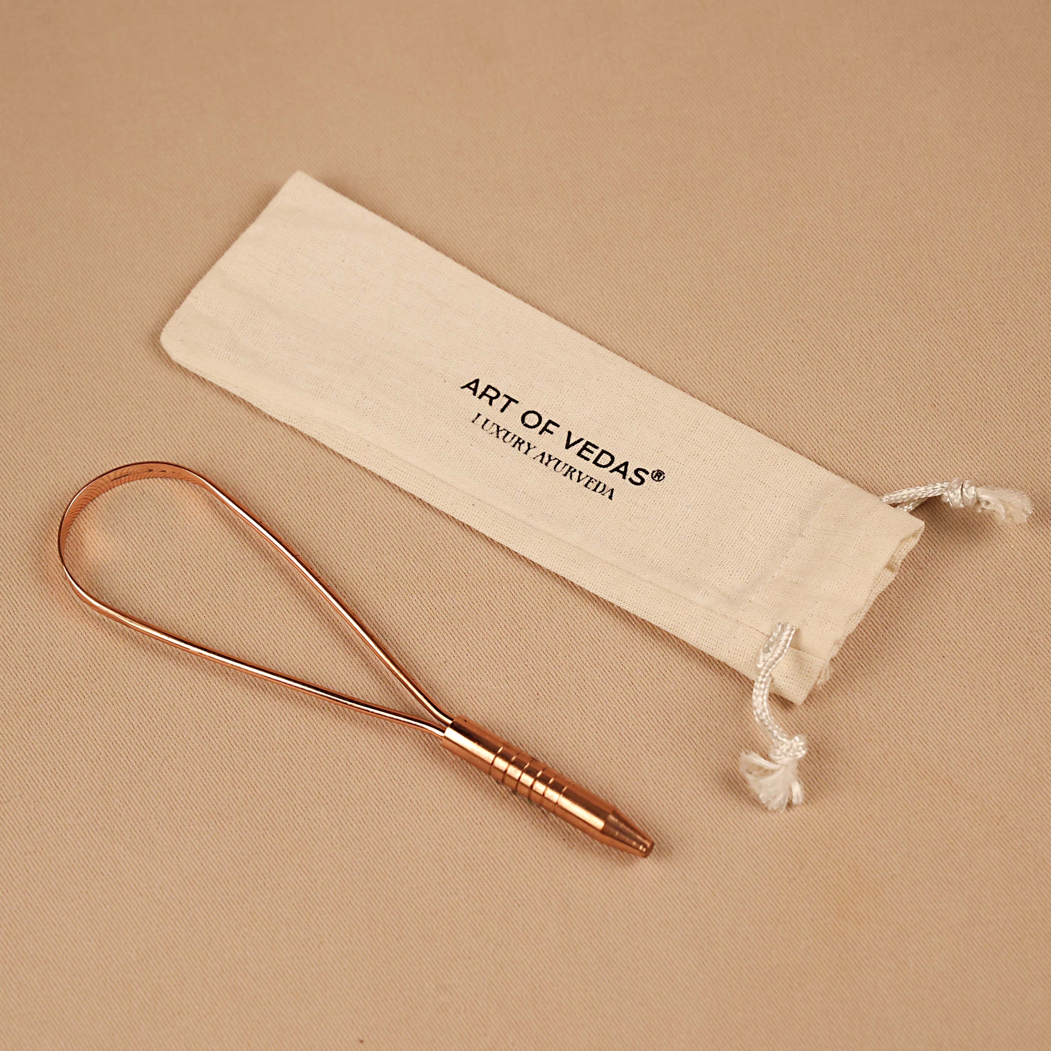 Art of Vedas Pure Copper Tongue Scraper with branded cotton pouch - Ayurvedic oral hygiene tool for tongue cleaning and daily detoxification