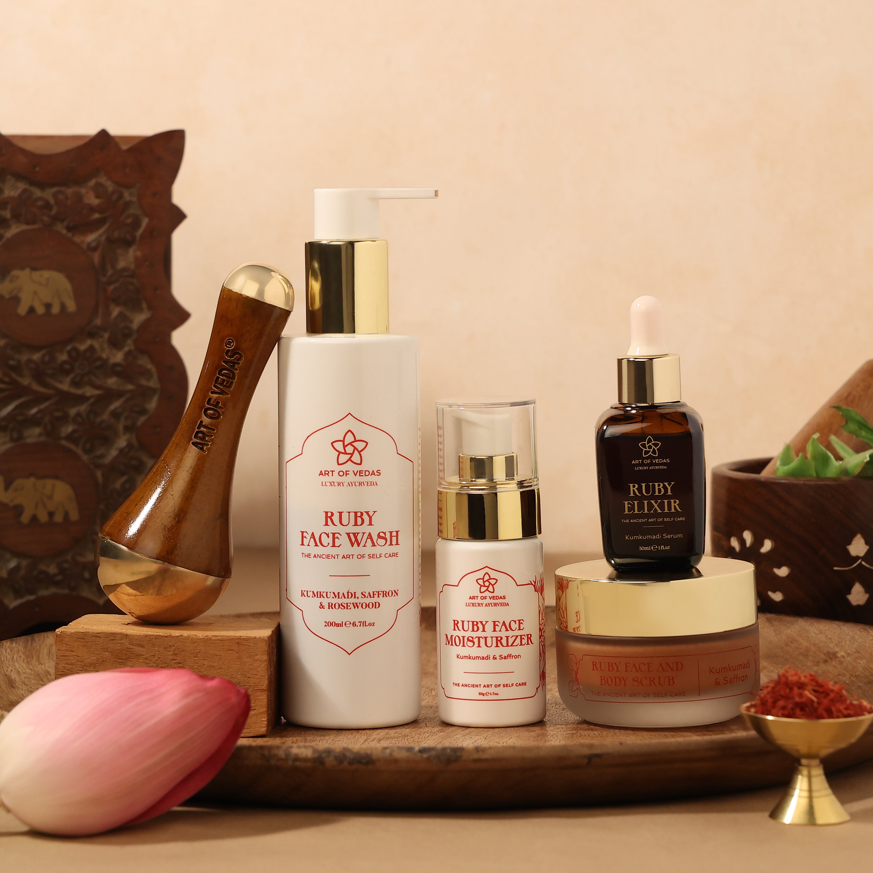 Art of Vedas Ayurveda Kumkumadi Skincare Pack - Ruby Face Wash, Ruby Face Moisturizer, Ruby Elixir Serum and Kansa Wand for Complete Ayurvedic Skincare Ritual