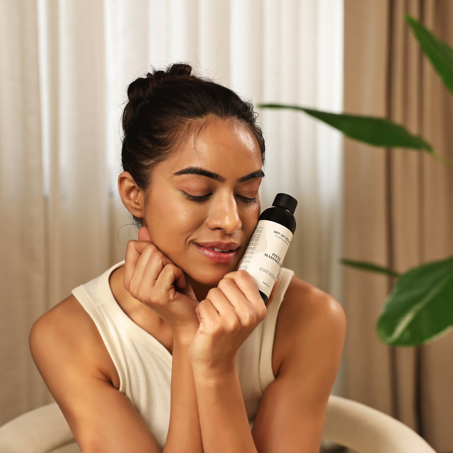 Art of Vedas Pitta Massage Oil - Woman Enjoying Cooling Ayurvedic Pitta Abhyanga Oil for Dosha Balancing and Skin Nourishment