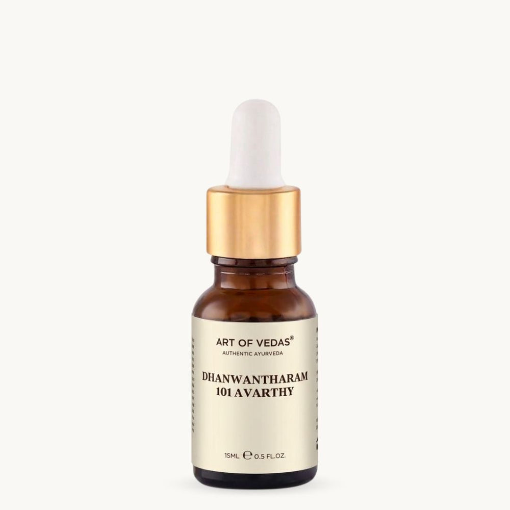 Art of Vedas Dhanwantharam 101 Avarthy 15ml, klassinen ayurvedinen Thailam, 101 Avarthy, perinteisesti käytetty Abhyanga-hieronnassa