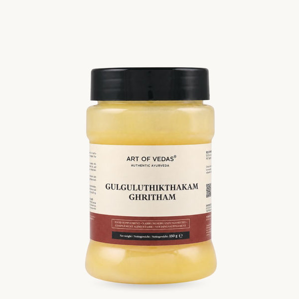 Art of Vedas Gulgulu Thikthakam Ghritham, klassinen ayurvedinen ghee: Guggulu, kurkuma, inkivääri. 150 g:n purkki