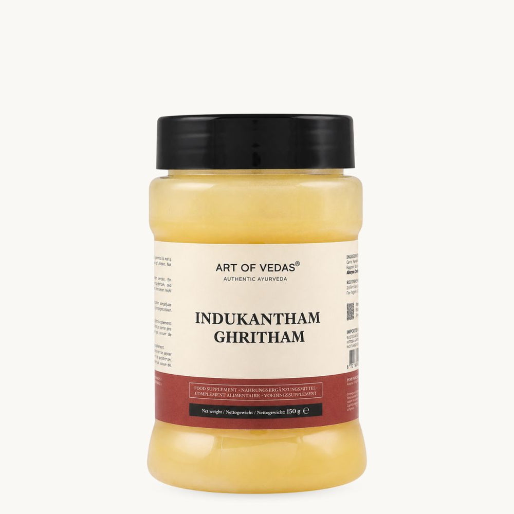 Art of Vedas Indukantham Ghritham, klassinen ayurvedinen ghee: inkivääri, pitkäpippuri, vuorisuola. 150 g:n purkki