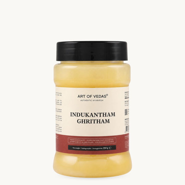 Art of Vedas Indukantham Ghritham, klassinen ayurvedinen ghee: inkivääri, pitkäpippuri, vuorisuola. 150 g:n purkki