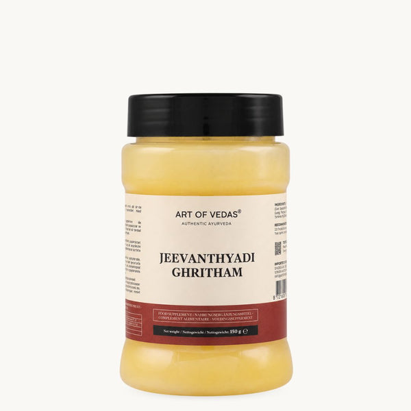 Art of Vedas Jeevanthyadi Ghritham, klassinen ayurvedinen ghee: Ashwagandha, Haritaki, tilli. 150 g:n purkki