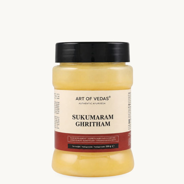 Art of Vedas Sukumaram Ghritham, klassinen ayurvedinen ghee: Ashwagandha, Shatavari, lakritsi. 150 g:n purkki